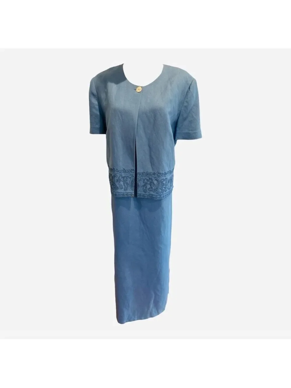 80s 2PC TALBOTS CORNFLOWER BLUE COASTAL SHEATH DRESS & JACKET W EMBROIDERY SZ 16